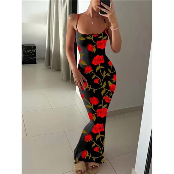Women Maxi Slip Dress With Rose Print - Picture 1 of 4